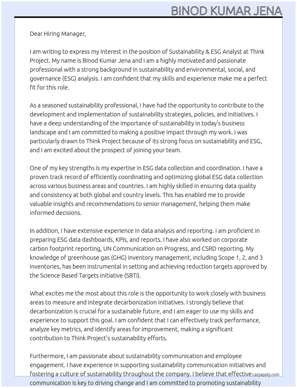 Sustainability & ESG Analyst At Think Project Cover Letter
