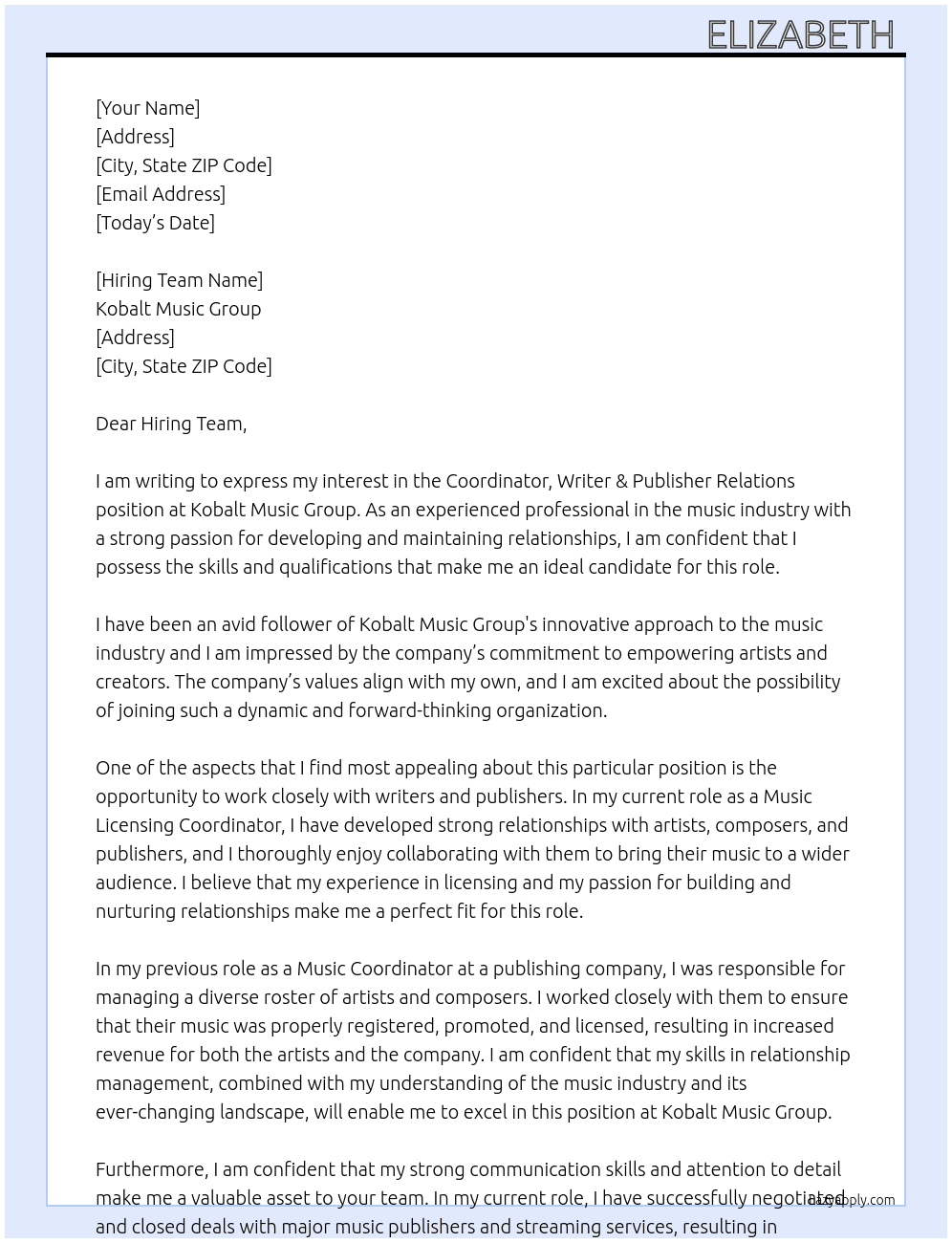 Coordinator, Writer & Publisher Relations At Kobalt Music Group Cover Letter