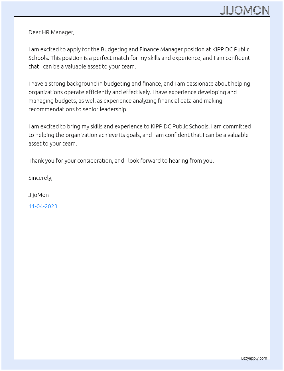 Budgeting and Finance Manager At KIPP DC Public Schools Cover Letter