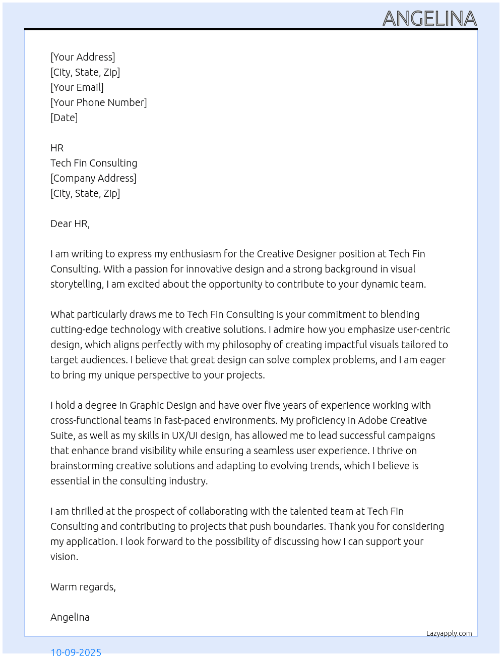 Creative designer At Tech fin consulting  Cover Letter