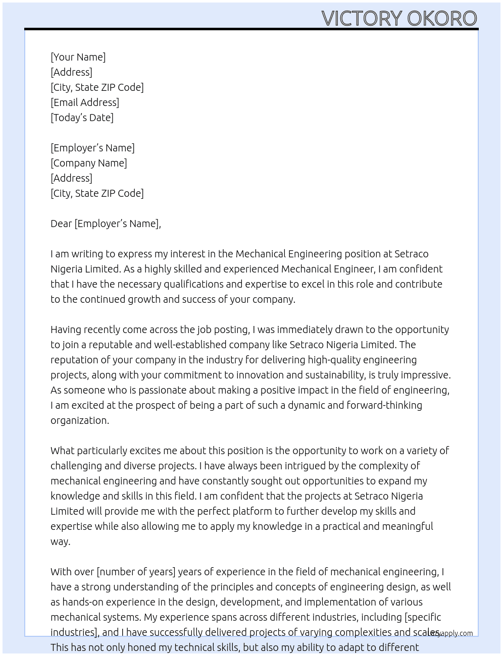Mechanical Engineering At Setraco Nigeria Limited Cover Letter