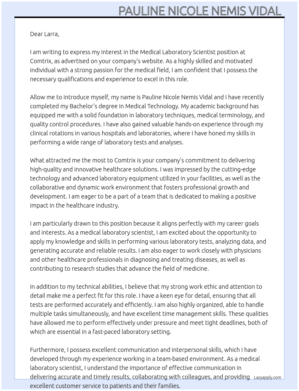 medical laboratory scientist  At Comtrix Cover Letter