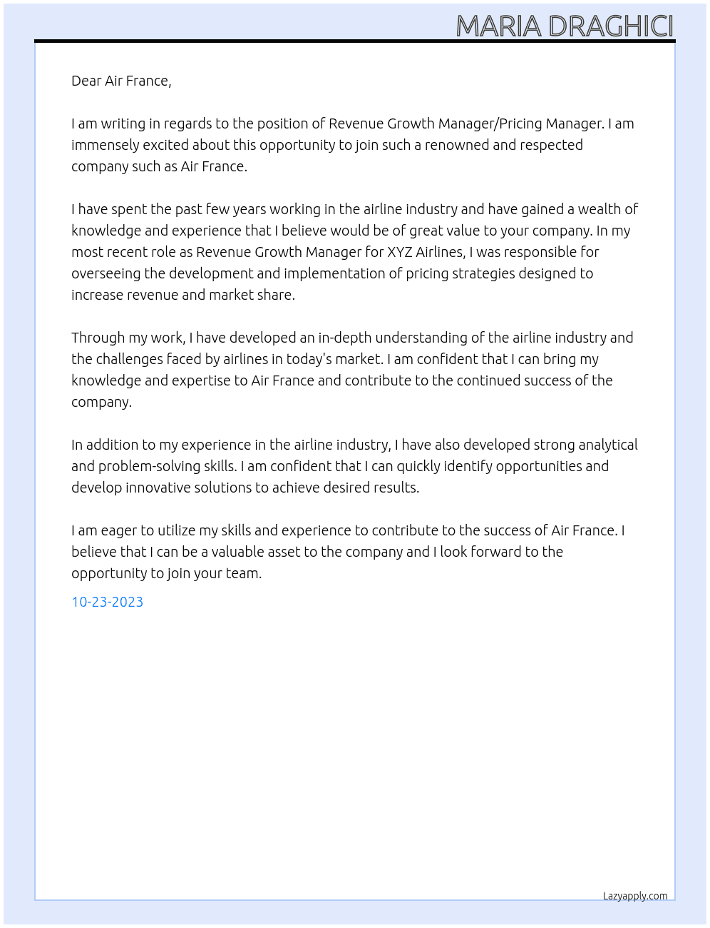 REVENUE GROWTH MANAGER/ PRICING MANAGER At AIr France Cover Letter