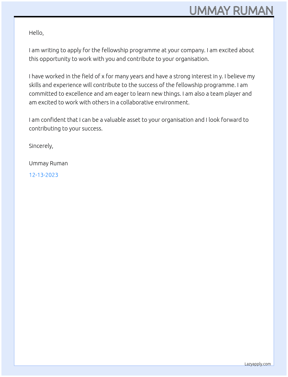 fellowship At fellowship programme Cover Letter