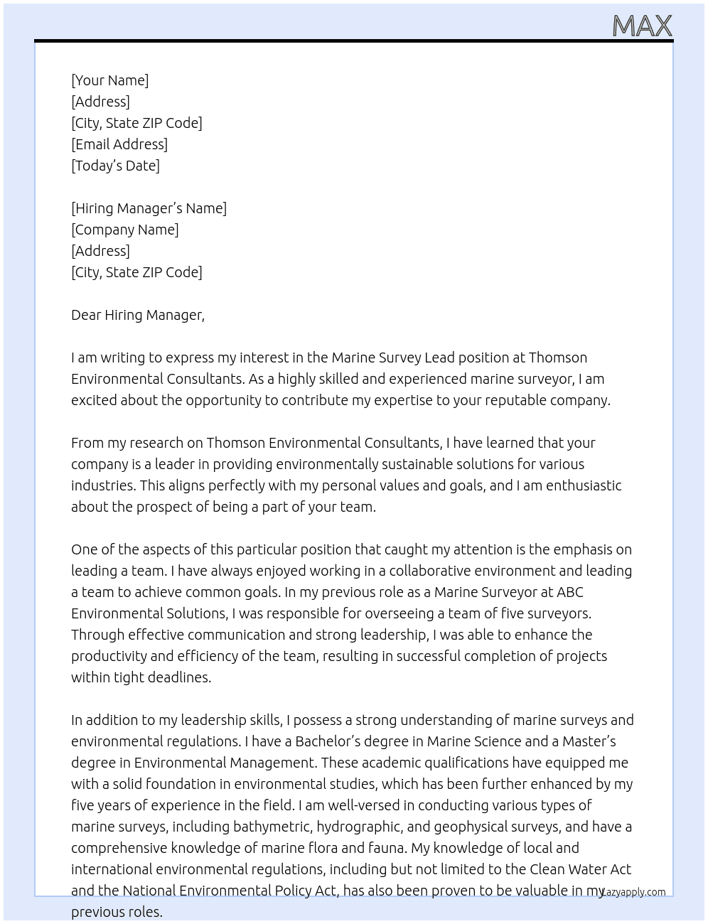 Marine Survey Lead At Thomson Environmental Consultants Cover Letter