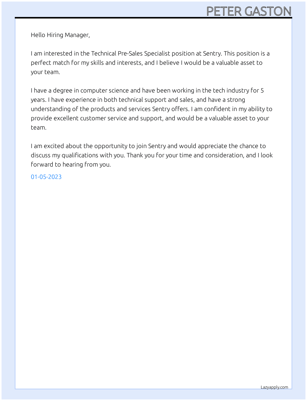 Technical Pre-Sales Specialist At Sentry   Cover Letter