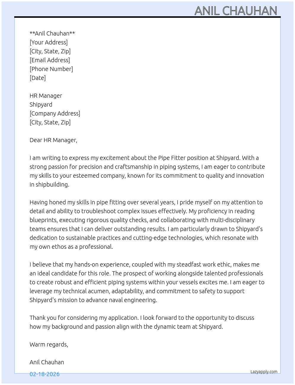 PIPE FITTER  At Shipyard  Cover Letter