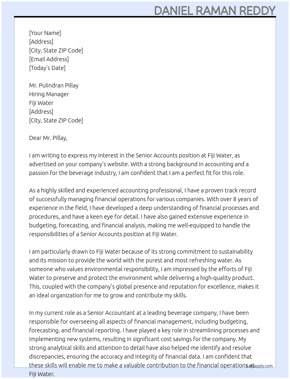 Senior - Accounts  At Fiji Water  Cover Letter