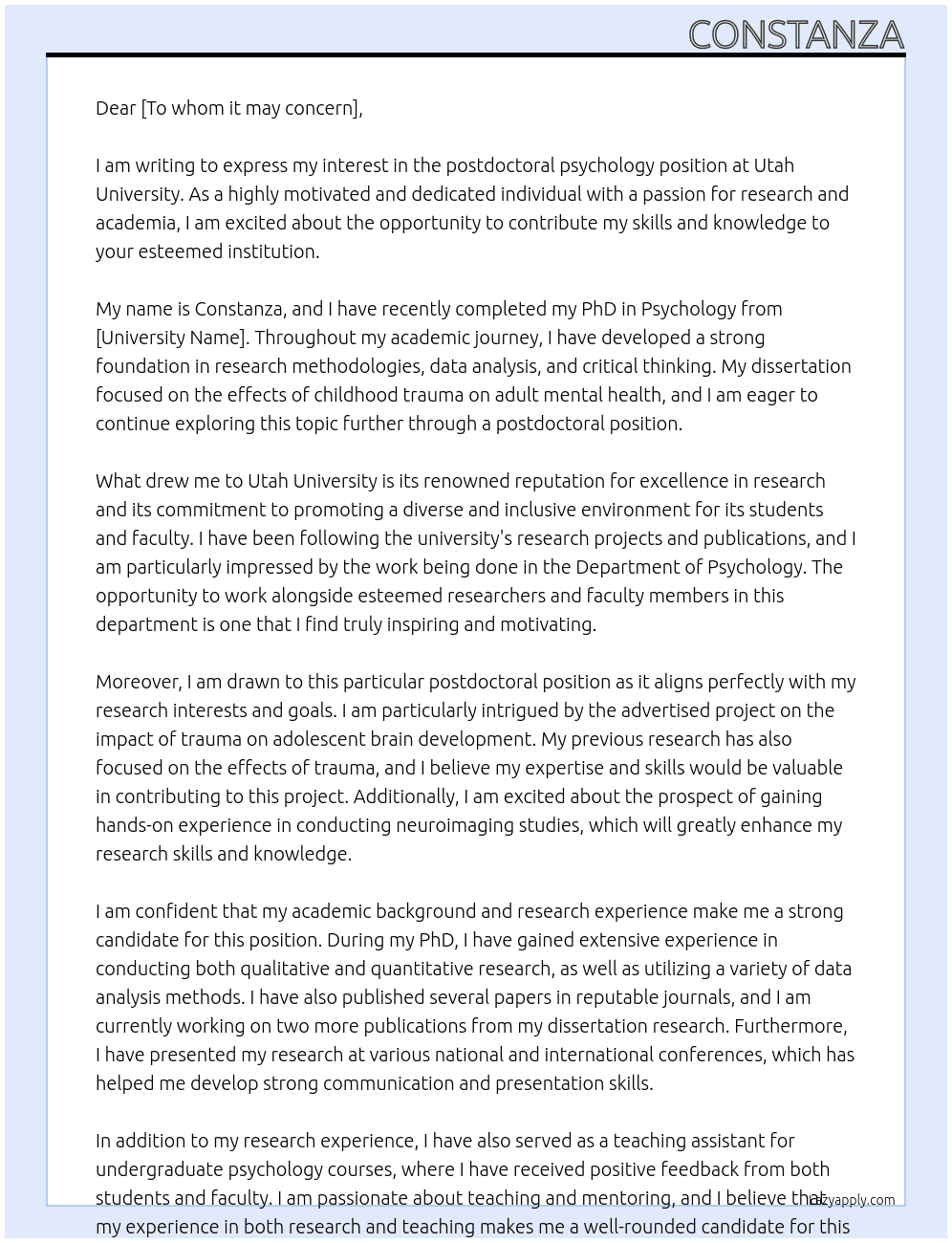 postdoctoral psychology At Utah University Cover Letter