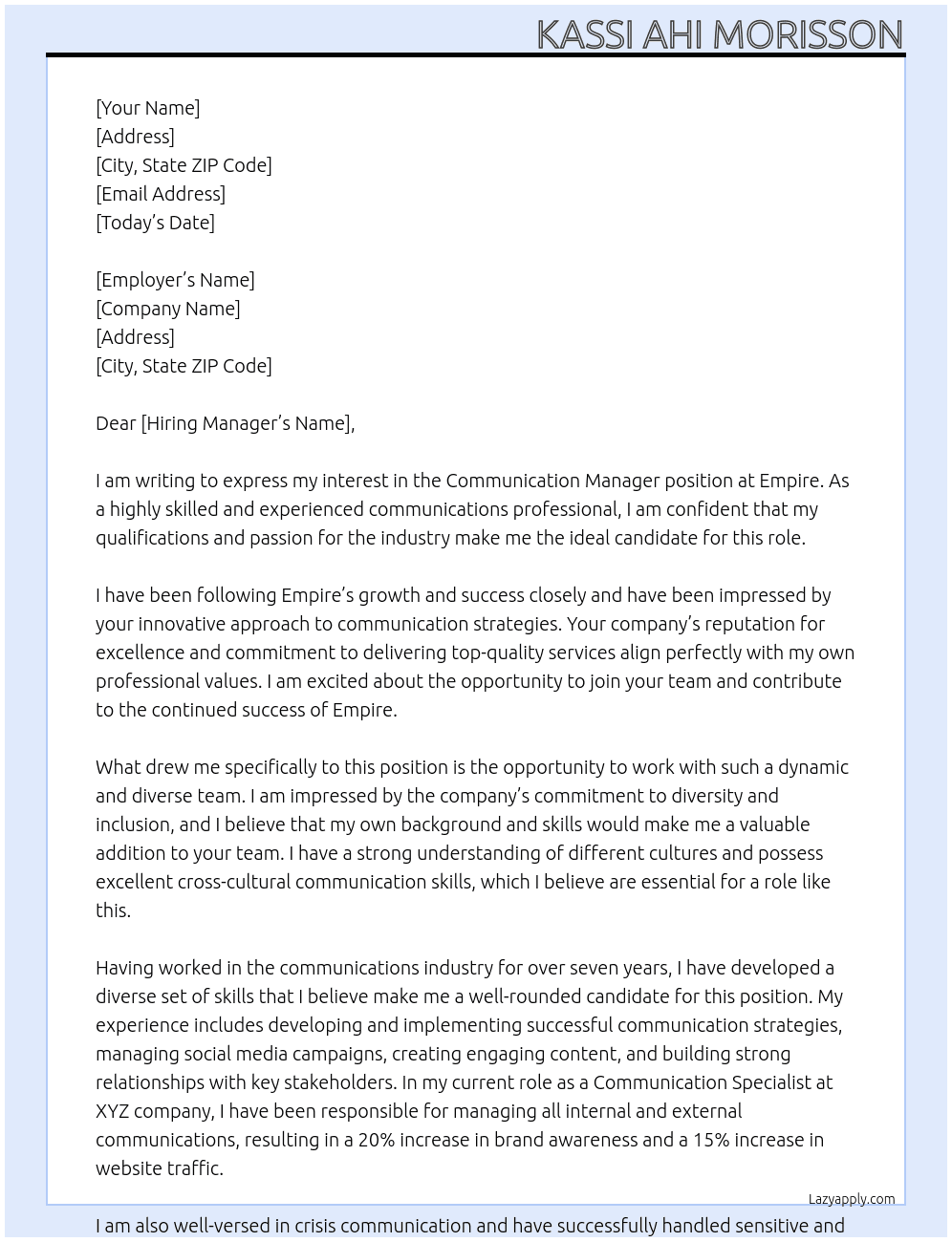 communication manager At empire Cover Letter