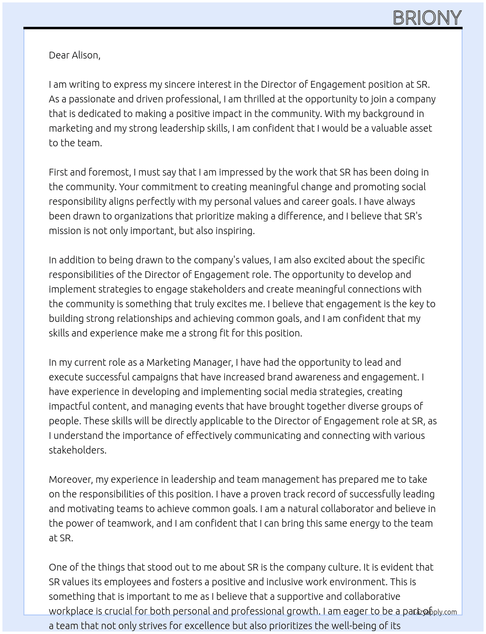 Director of Engagement At SR Cover Letter