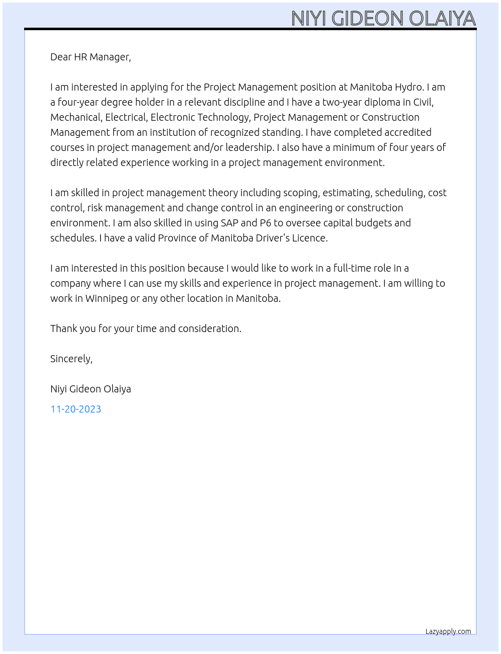  Project Management At Manitoba Hydro Cover Letter