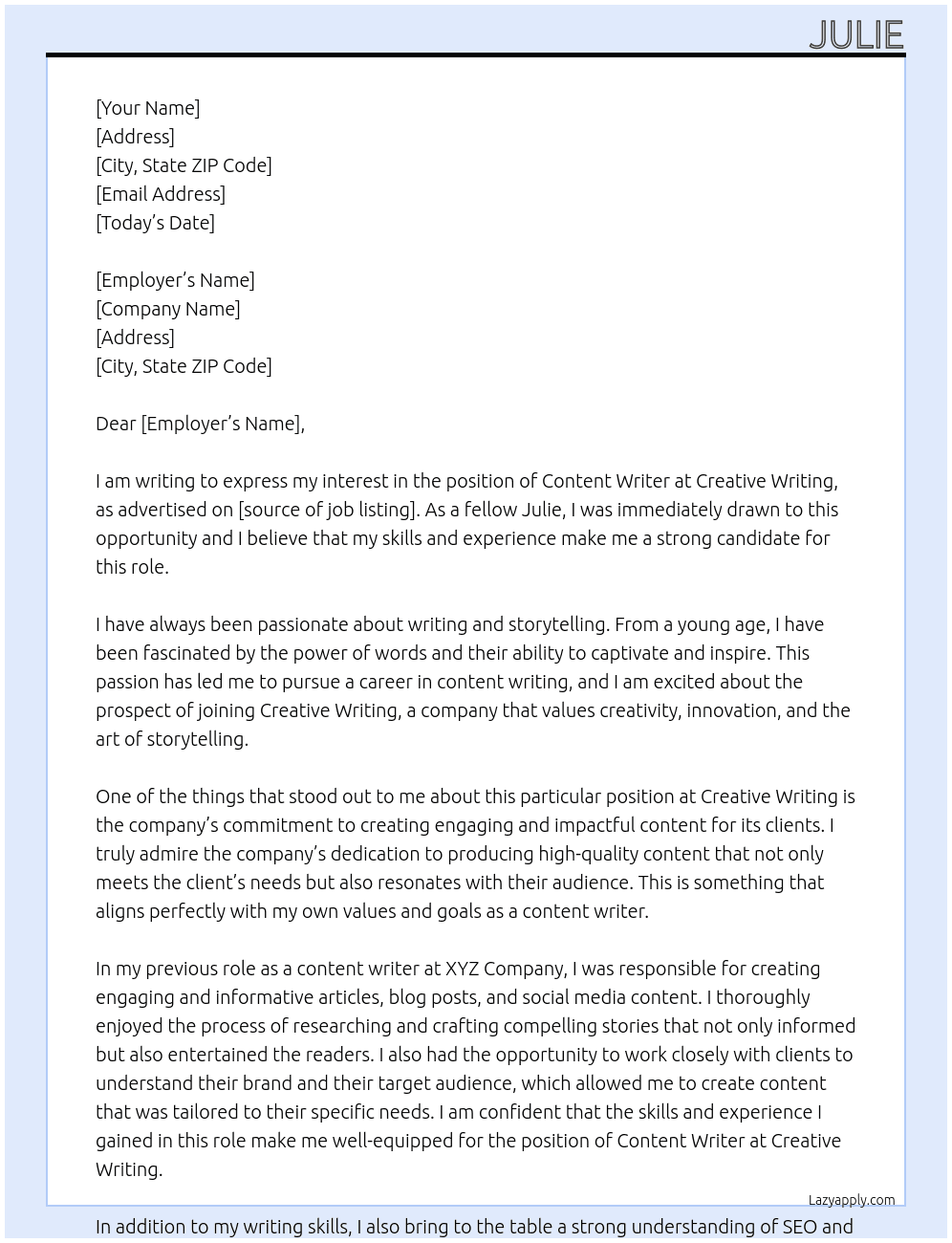 content writer At Creative Writing Cover Letter