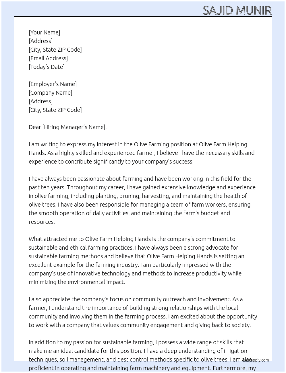 Cover letter for olive farming - LazyApply