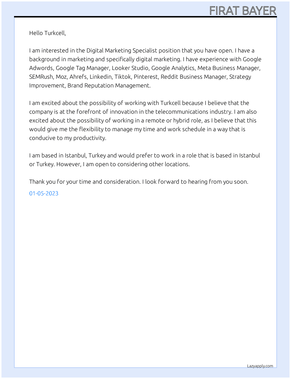 Digital Marketing Specialist At Turkcell Cover Letter