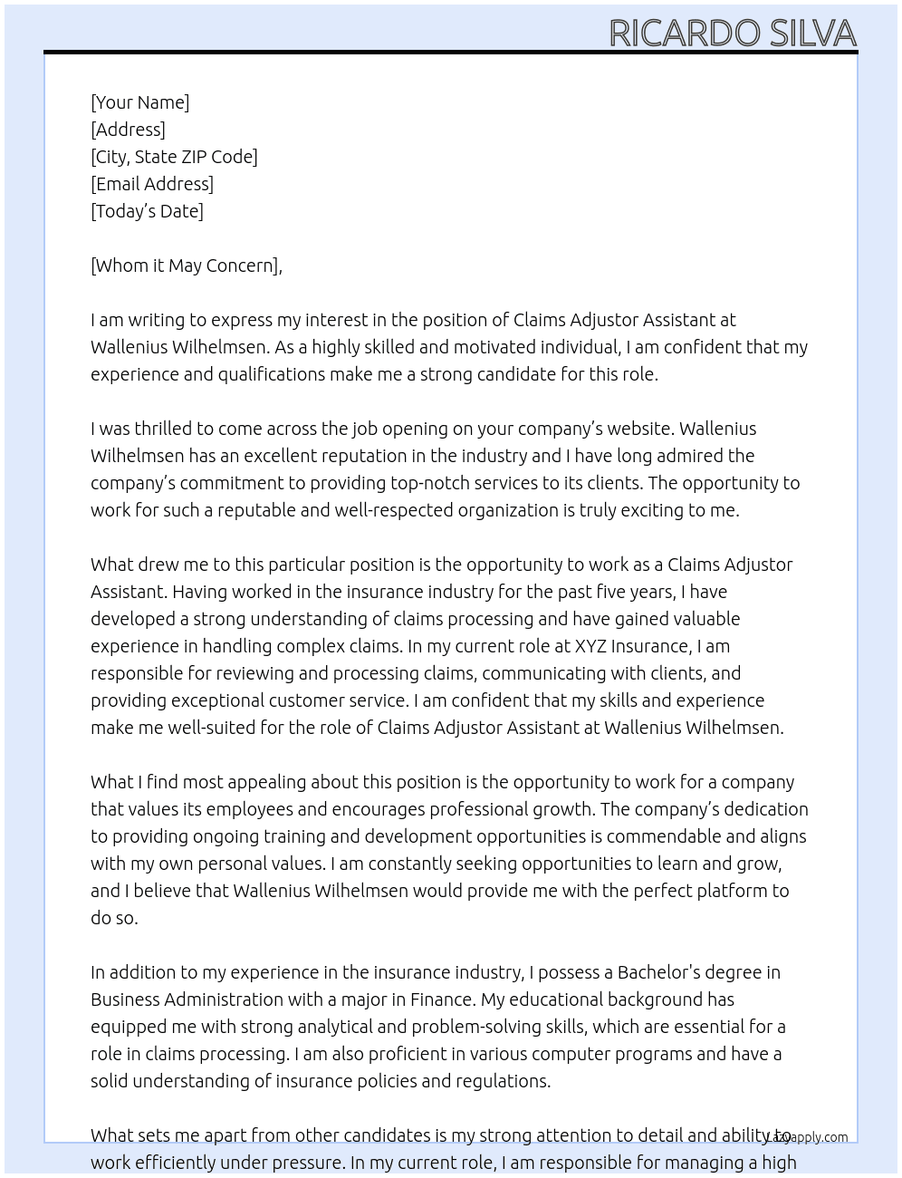Claims Adjustor Assistant At Wallenius Wilhelmsen  Cover Letter