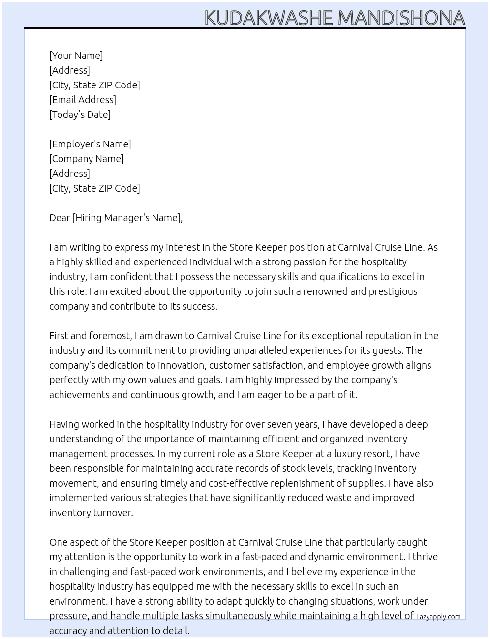 Store keeper  At Carnival cruise line  Cover Letter