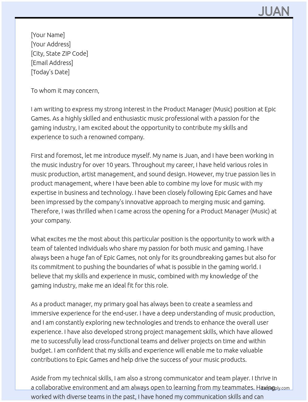Product Manager (Music) At Epic Games Cover Letter