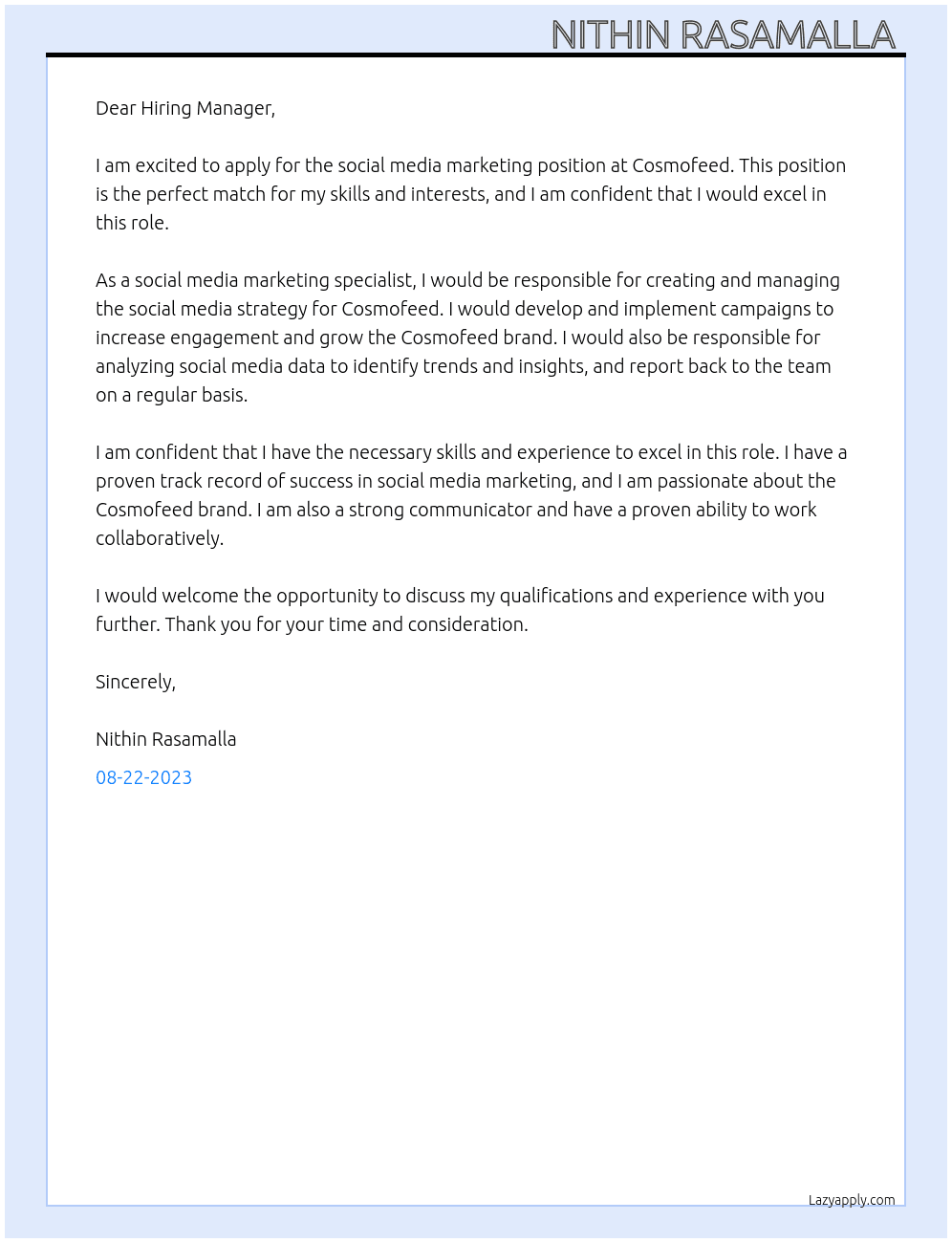 Social media marketing At Cosmofeed Cover Letter