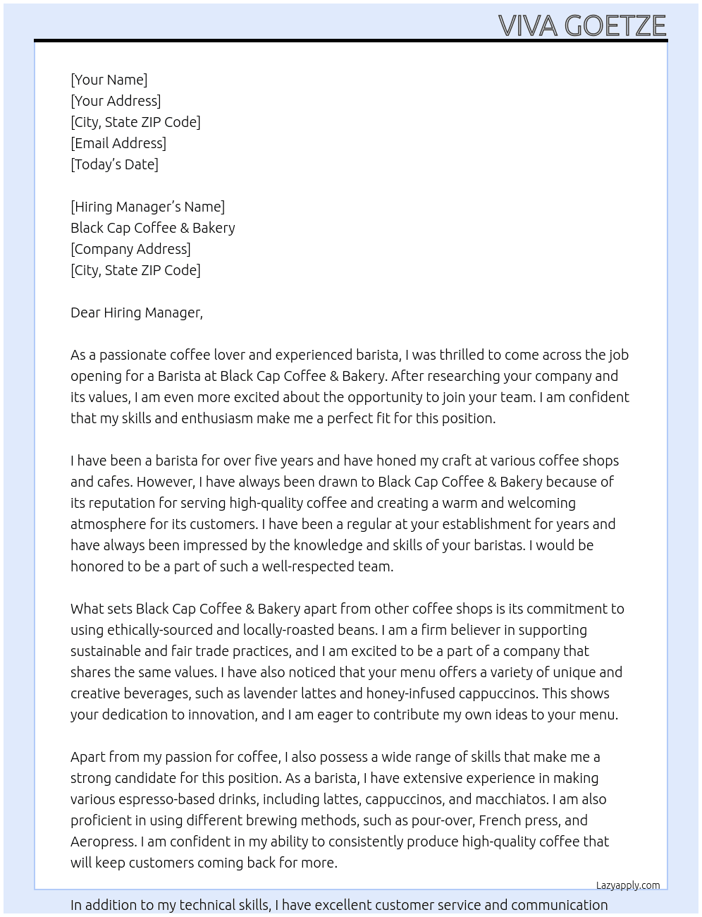 Barista At Black Cap Coffee & Bakery Cover Letter
