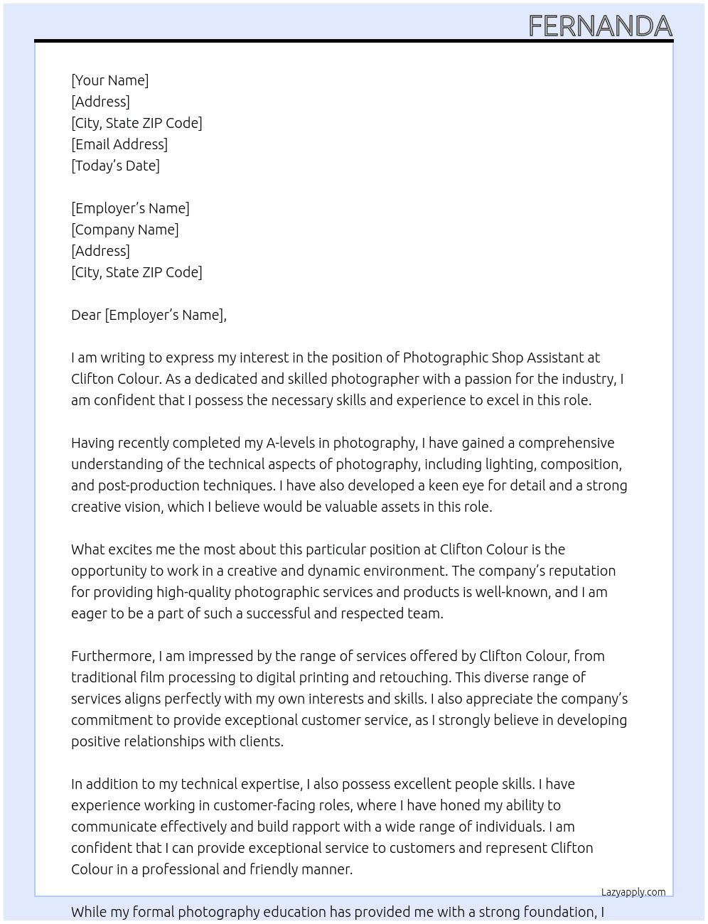 Photographic Shop Assistant At Clifton Colour Cover Letter