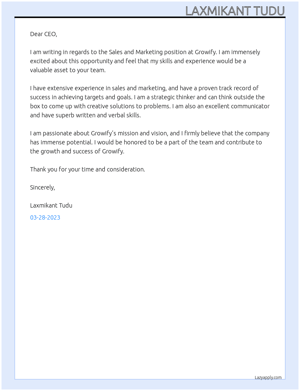 Sales and marketing  At Growify Cover Letter