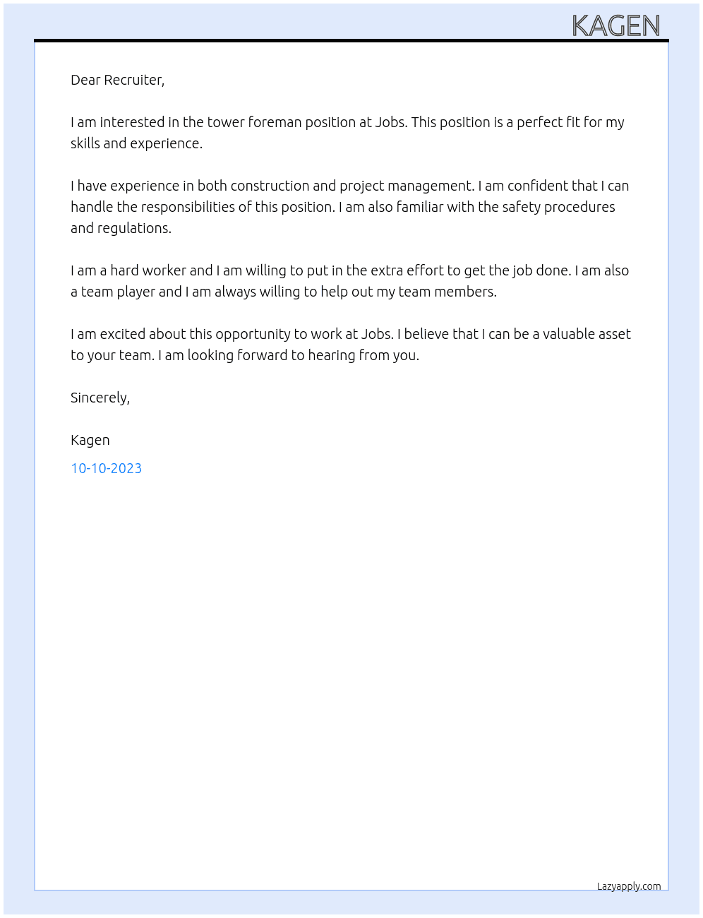 Tower foreman  At Jobs  Cover Letter