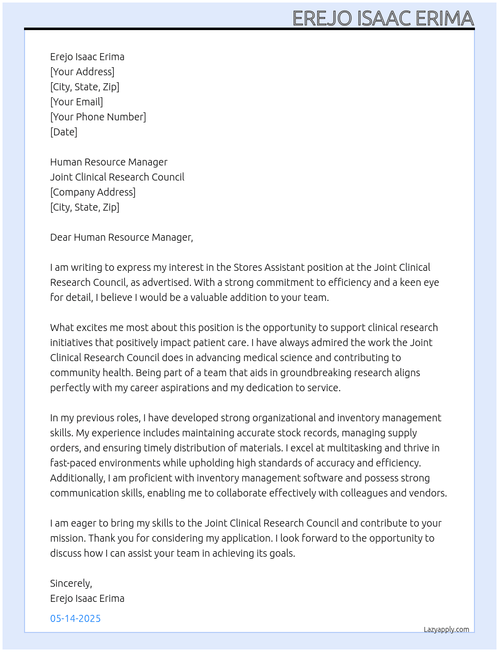 Stores Assistant  At Joint Clinical Research Council  Cover Letter