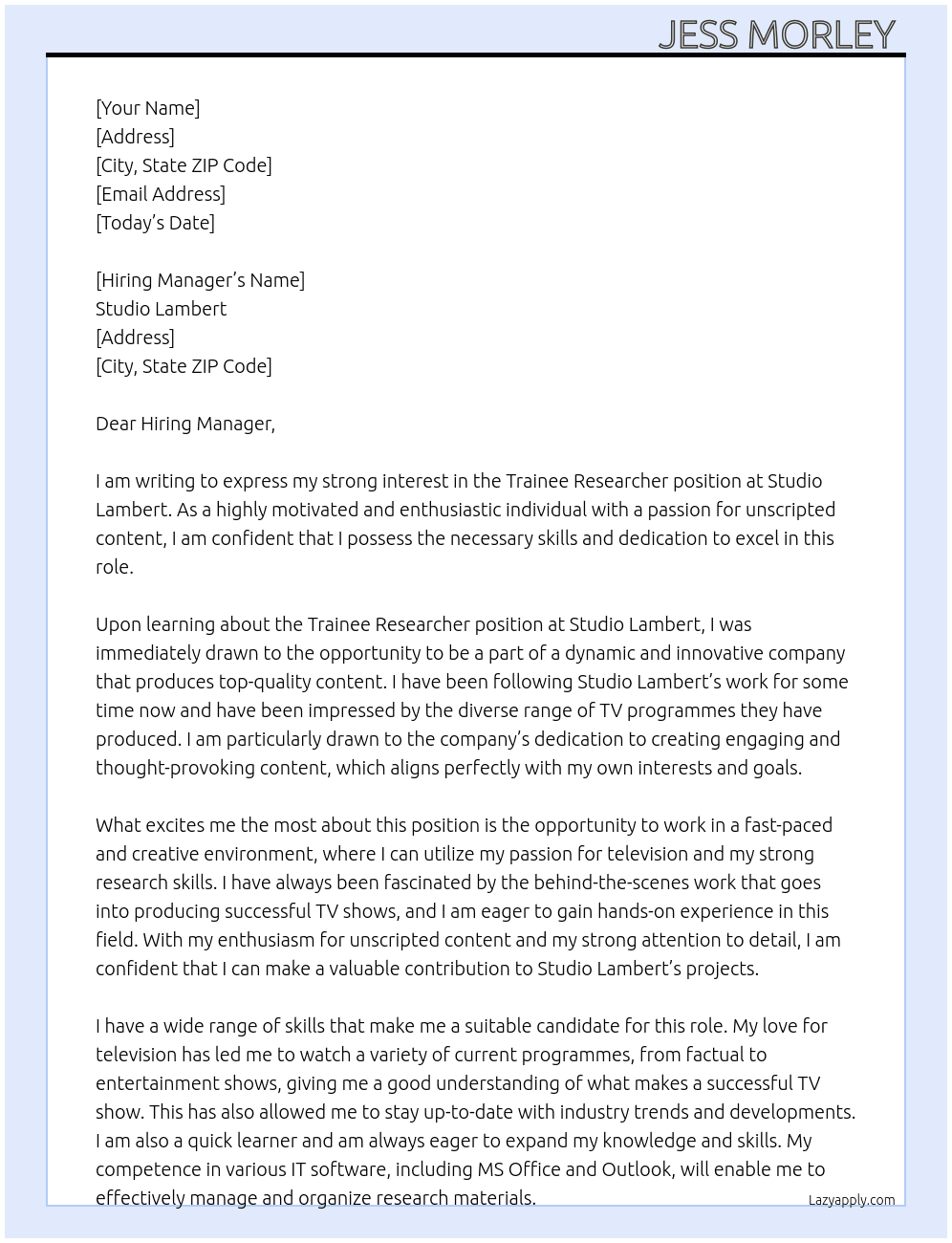 Trainee Researcher At Studio Lambert Cover Letter