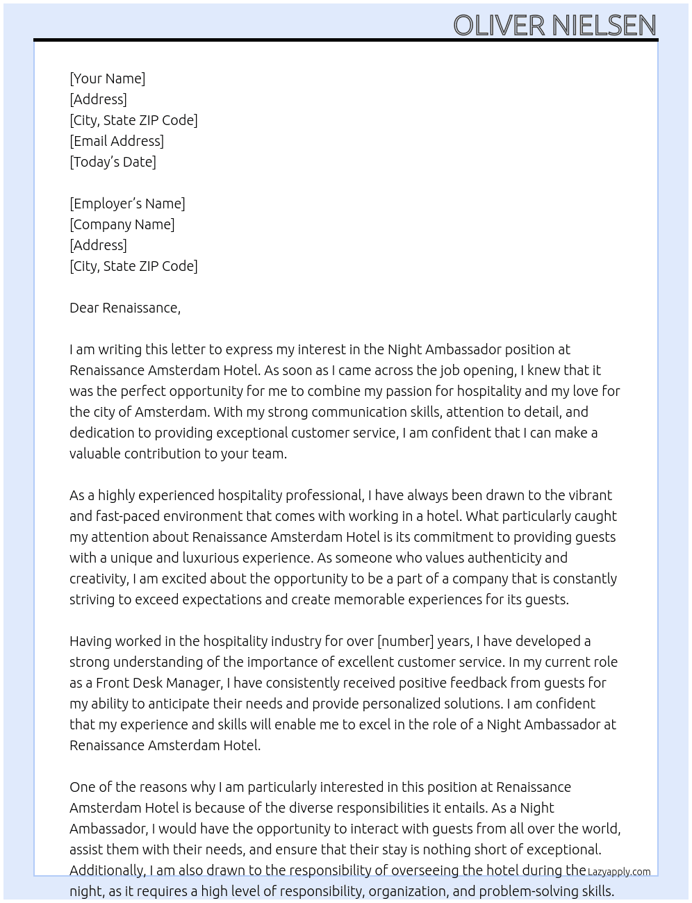 Night Ambassador At Renaissance Amsterdam Hotel Cover Letter