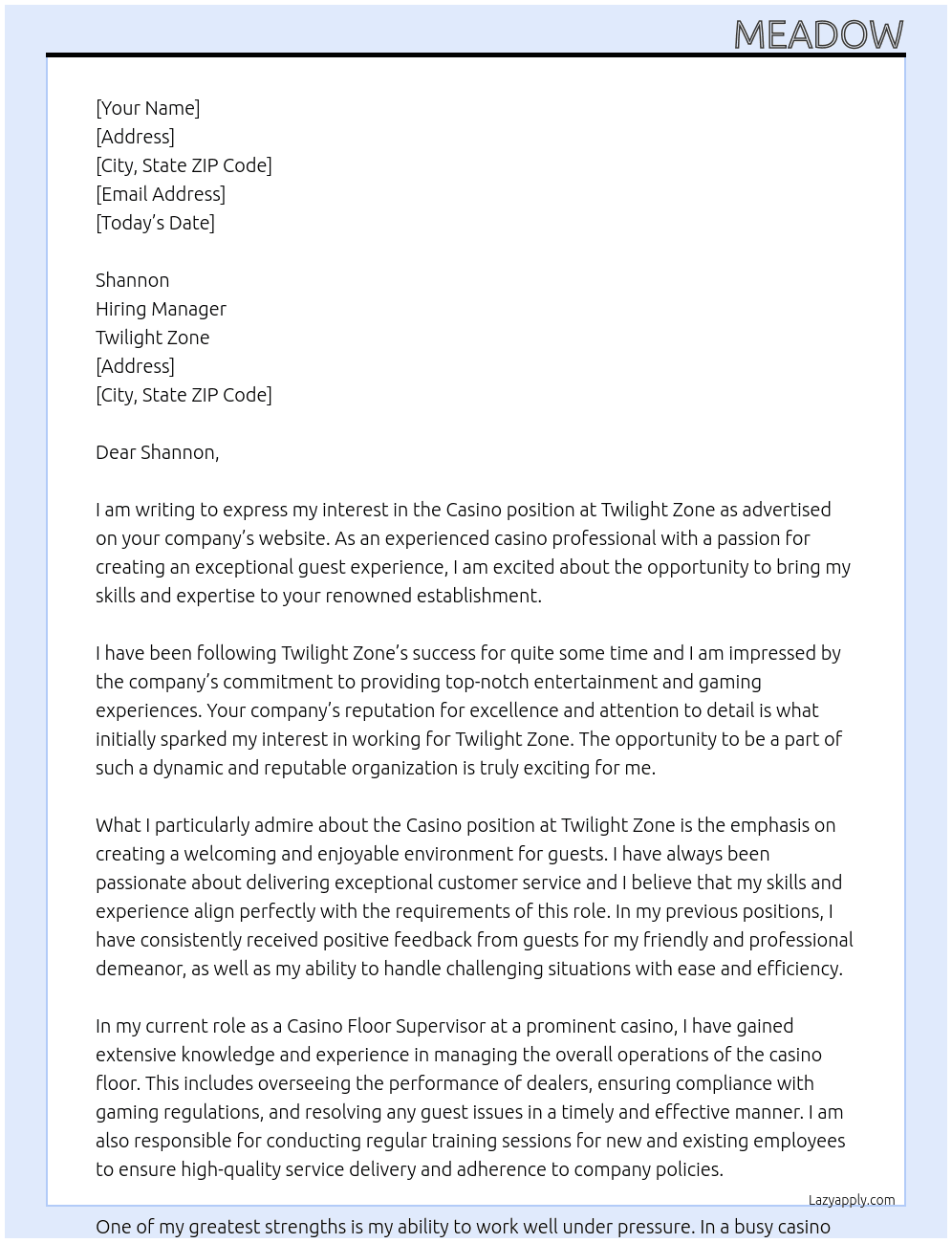Casino At Twilight Zone Cover Letter