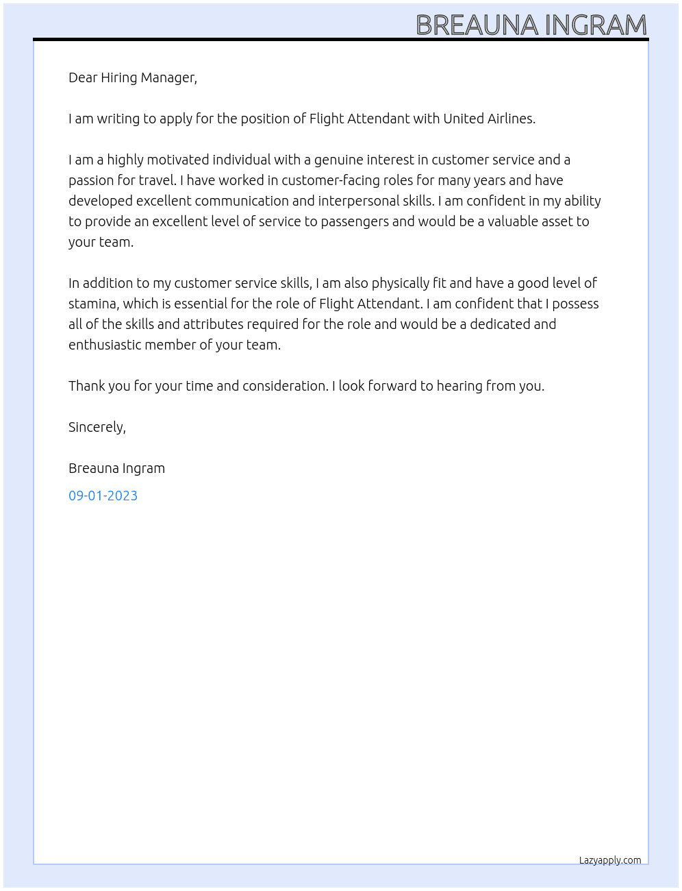 Flight Attendant At United Airlines Cover Letter