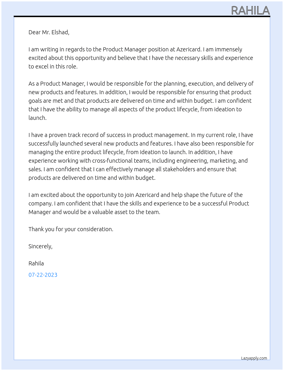 Product manager At Azericard Cover Letter