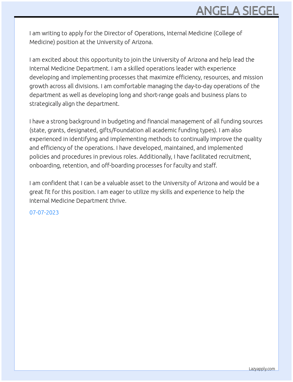 Director of Operations, Internal Medicine (College of Medicine) At University of Arizona Cover Letter