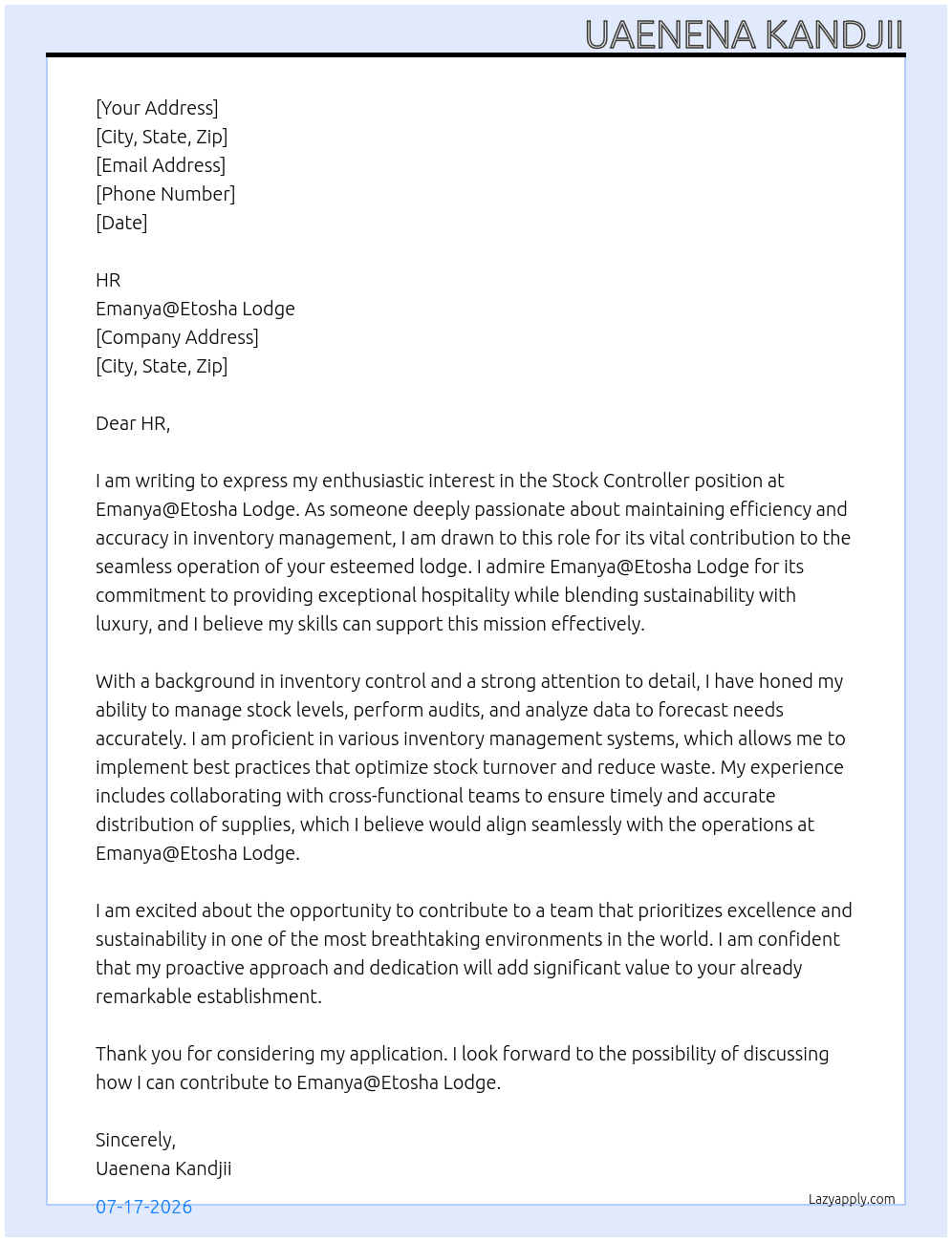 Cover letter for stock controller - LazyApply