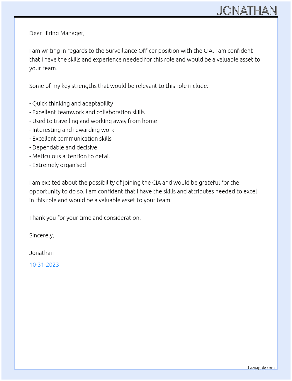 survelience officer At CIA Cover Letter