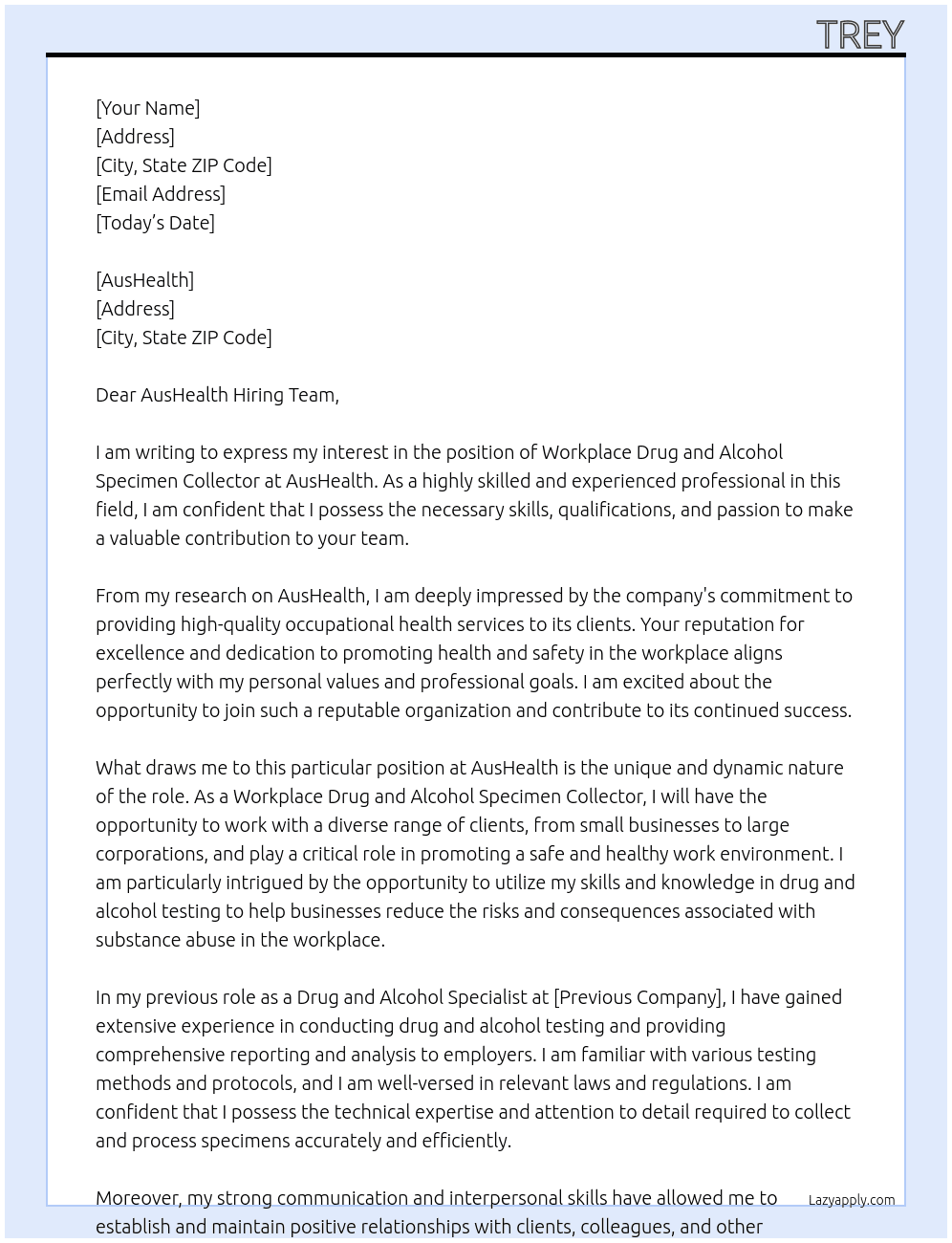 Workplace Drug and Alcohol Specimen Collector At AusHealth Cover Letter