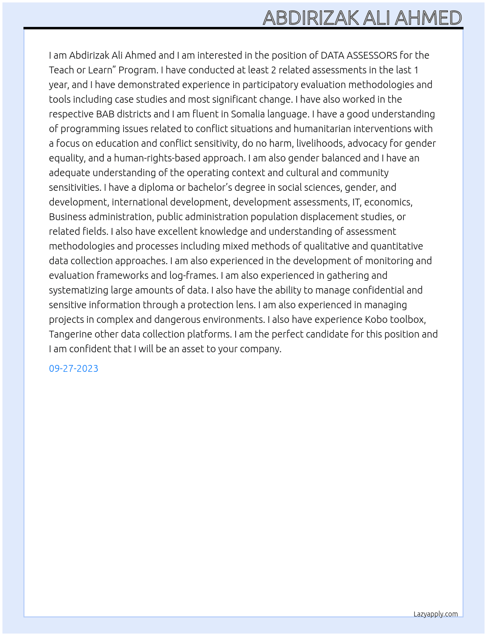 DATA ASSESSORS At Teach or Learn” Program Cover Letter