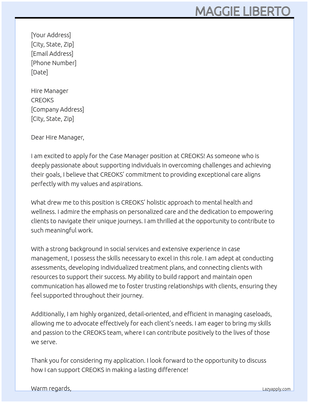 Case Manager  At CREOKS  Cover Letter