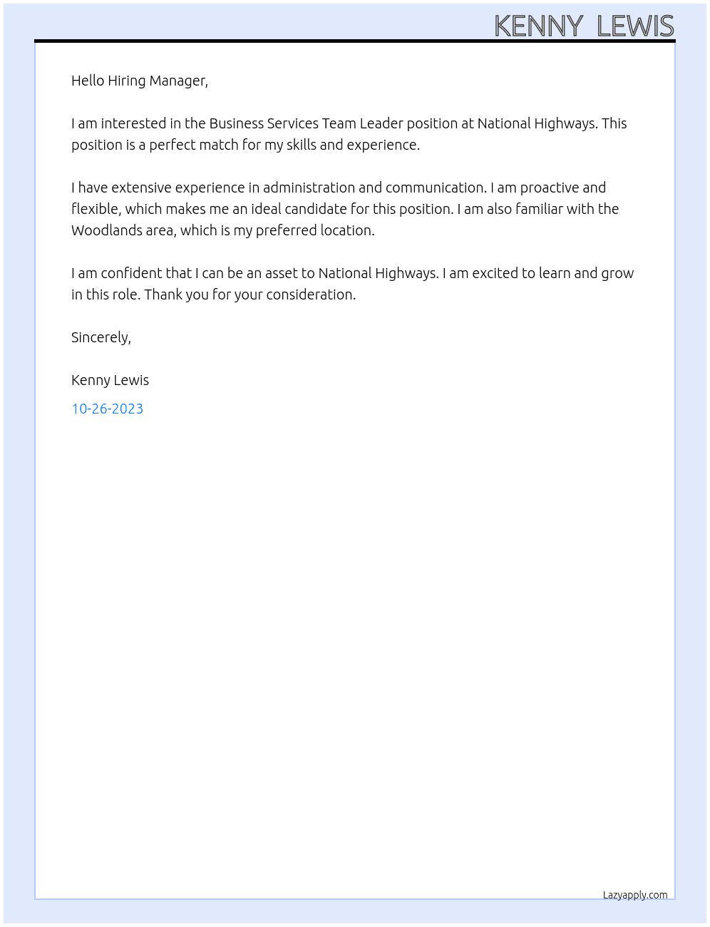 Business Services Team Leader At National Highways Cover Letter