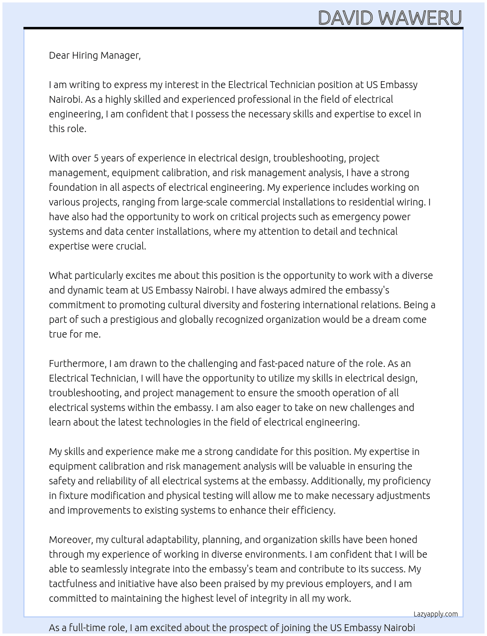ELECTRICAL TECHNICIAN At US EMBASSSY NAIROBI Cover Letter