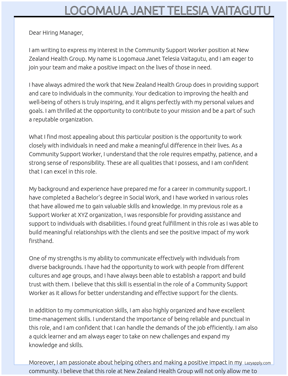 Community Support Worker At New Zealand Health Group Cover Letter