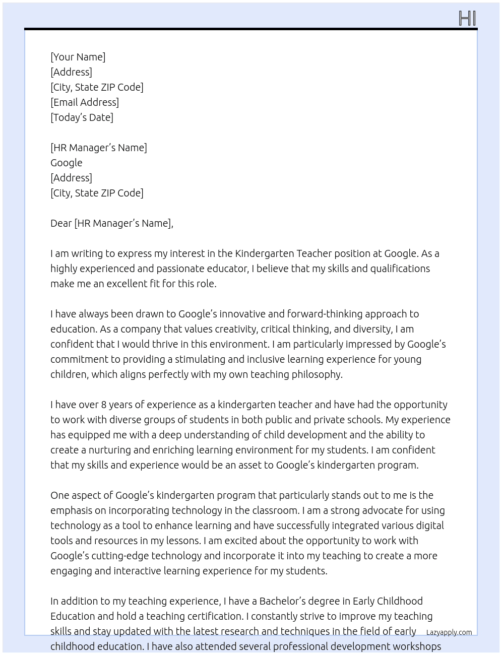 Kindergarten teacher At google Cover Letter
