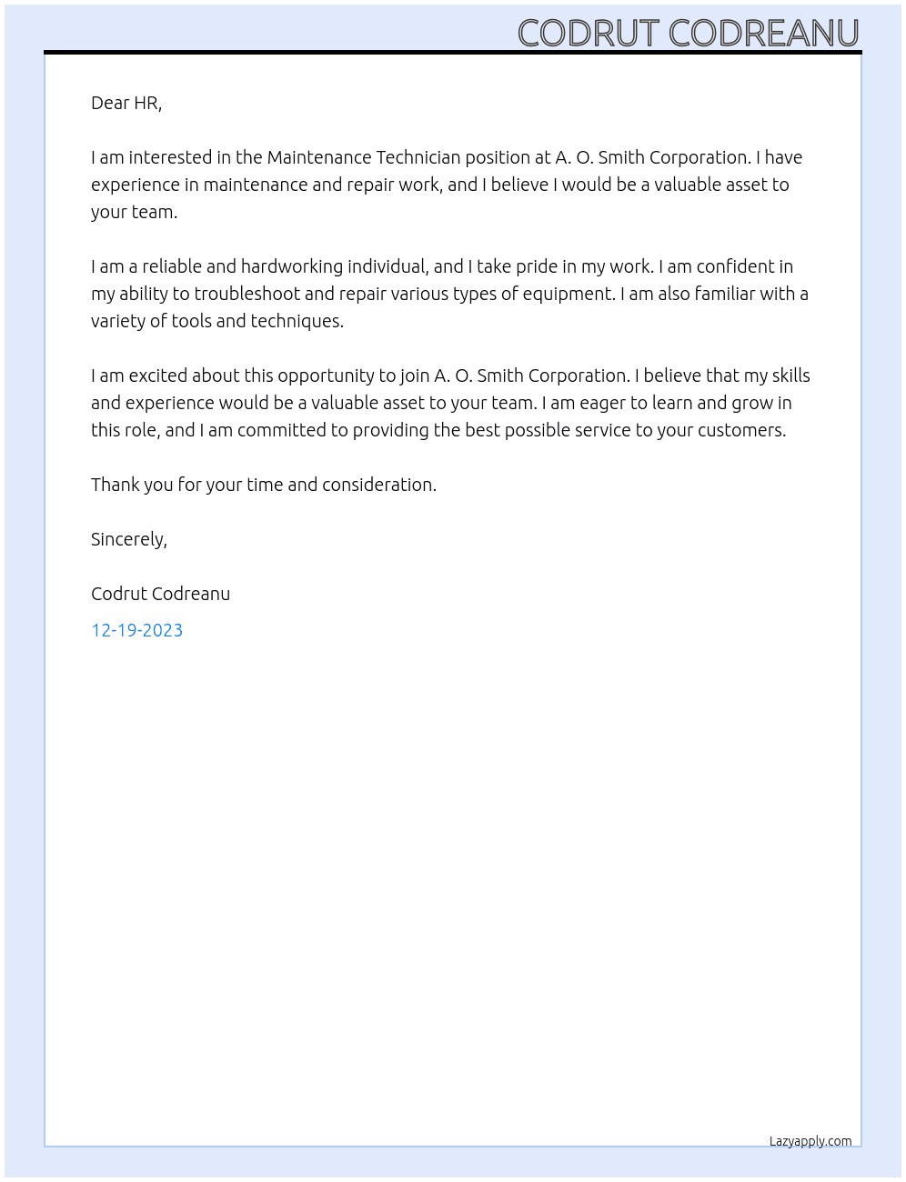 Maintenance Technician At A. O. Smith Corporation Cover Letter