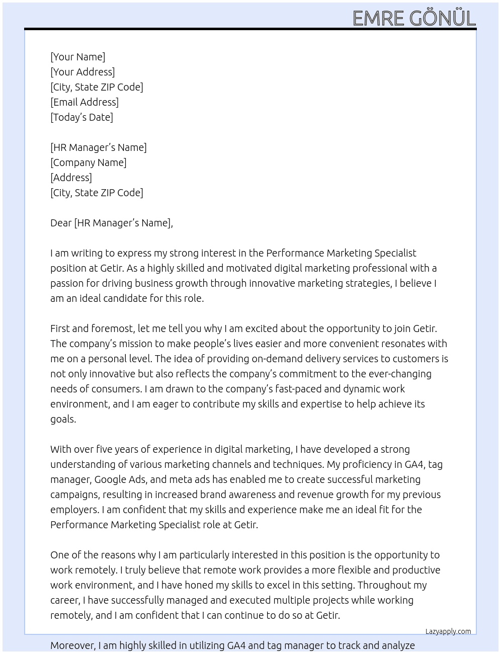 Performance Marketing Specialist At Getir Cover Letter
