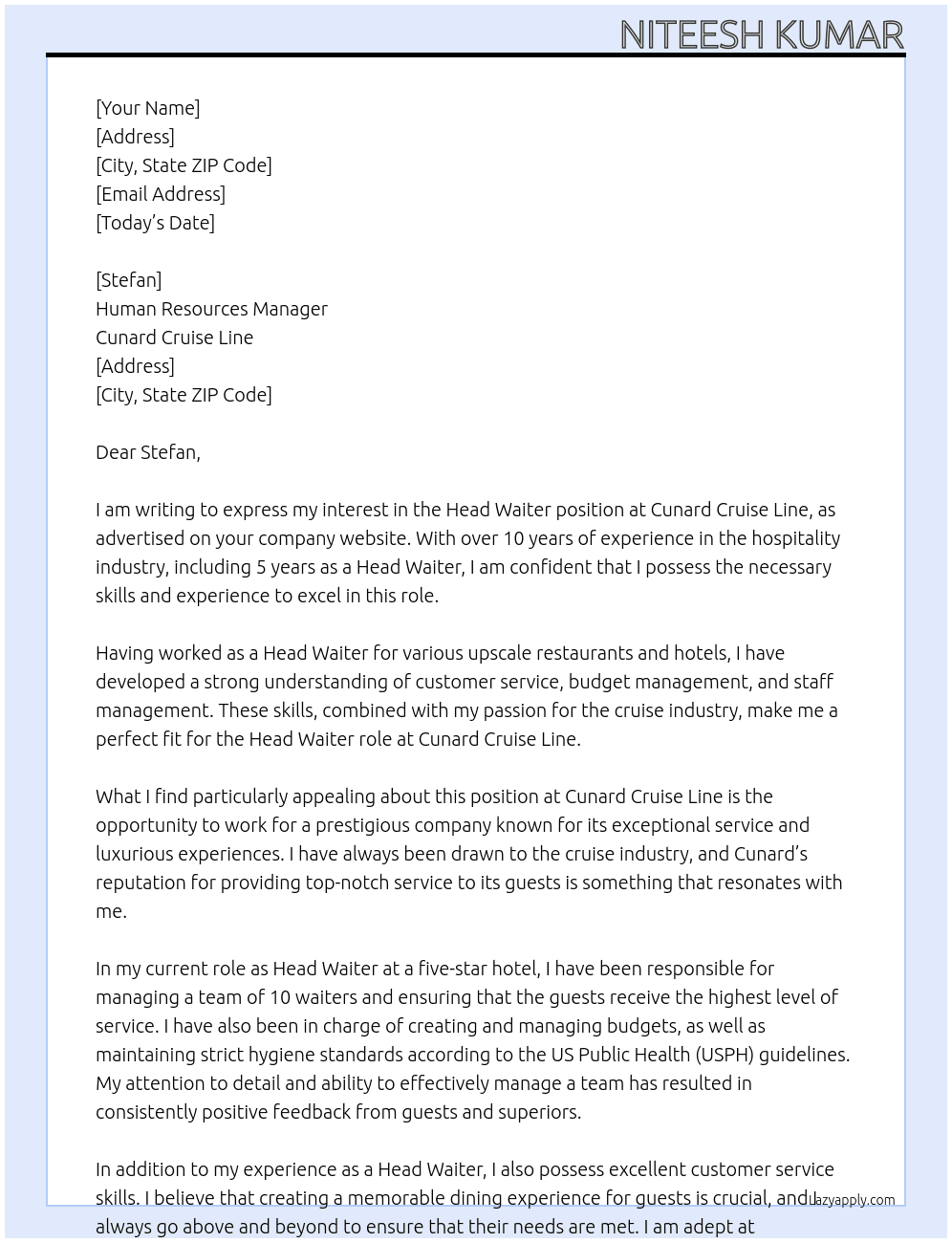 Head waiter At Cunard cruise line  Cover Letter