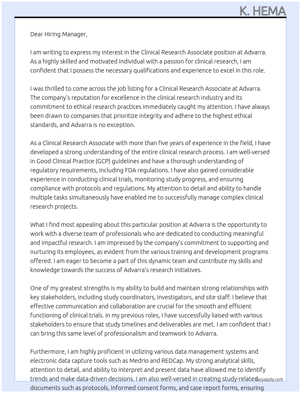 Clinical Research associate At advarra Cover Letter