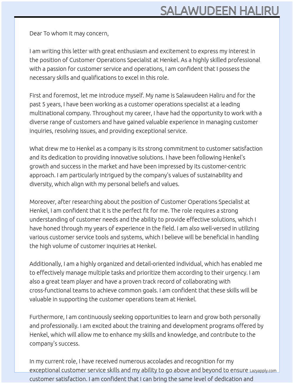 Customer operations specialist At Henkel Cover Letter