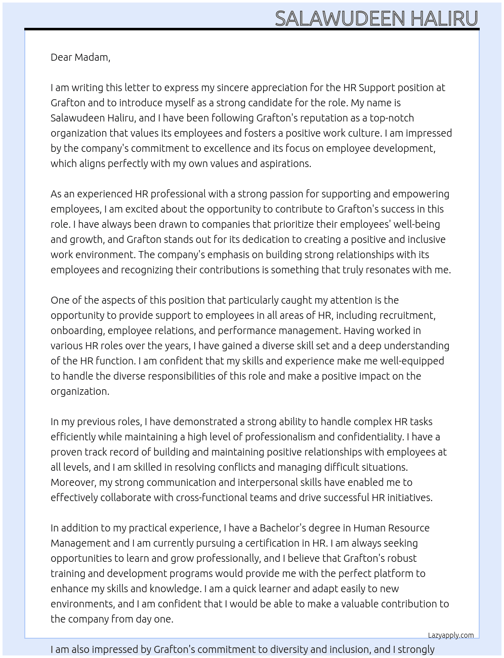 HR SUPPORT At GRAFTON Cover Letter