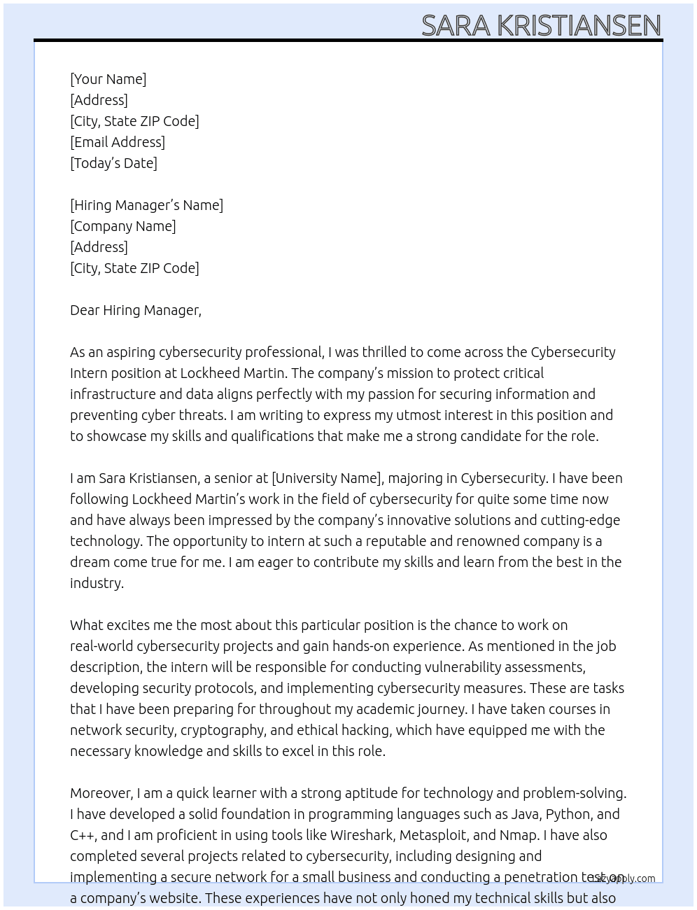 Cybersecurity Intern At Lockheed Martin Cover Letter